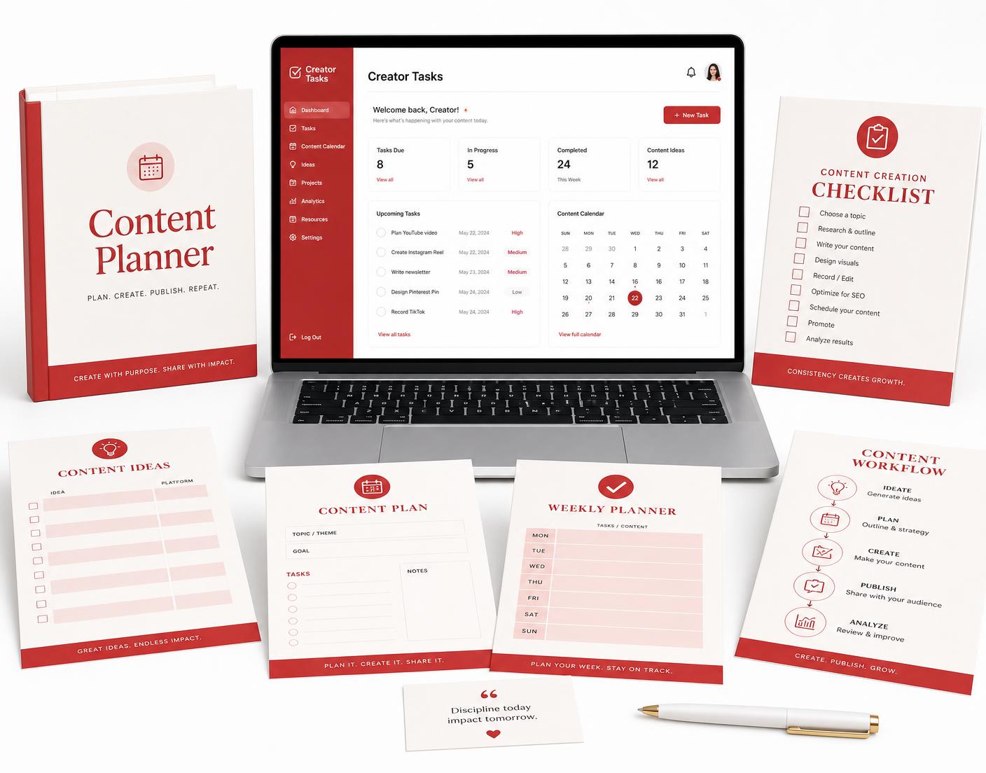 Creator Tasks digital workbook, checklists and content planning templates